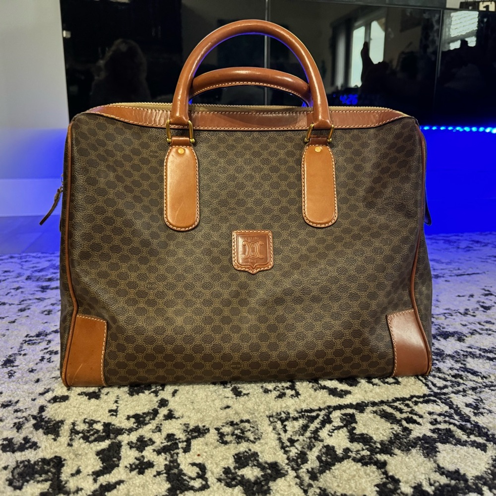 Authentic, Celine Macadam Vintage Boston Bag Handbag Duffle Large Retro Brown